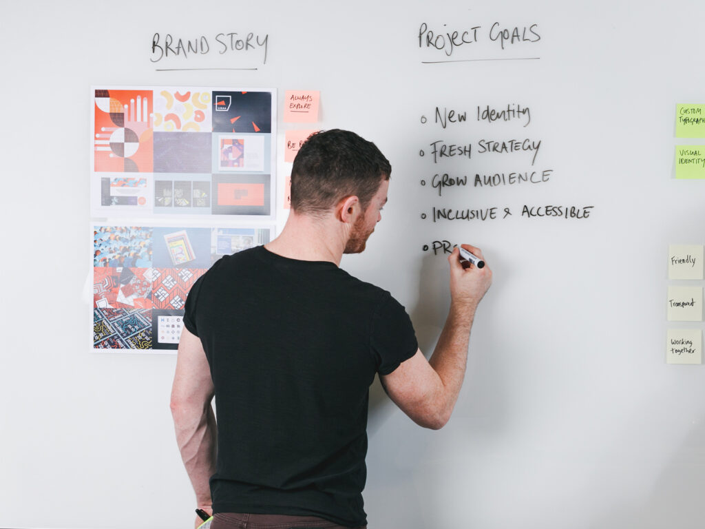 A manager at Wonder Works design studio writing on a white board during a workshop